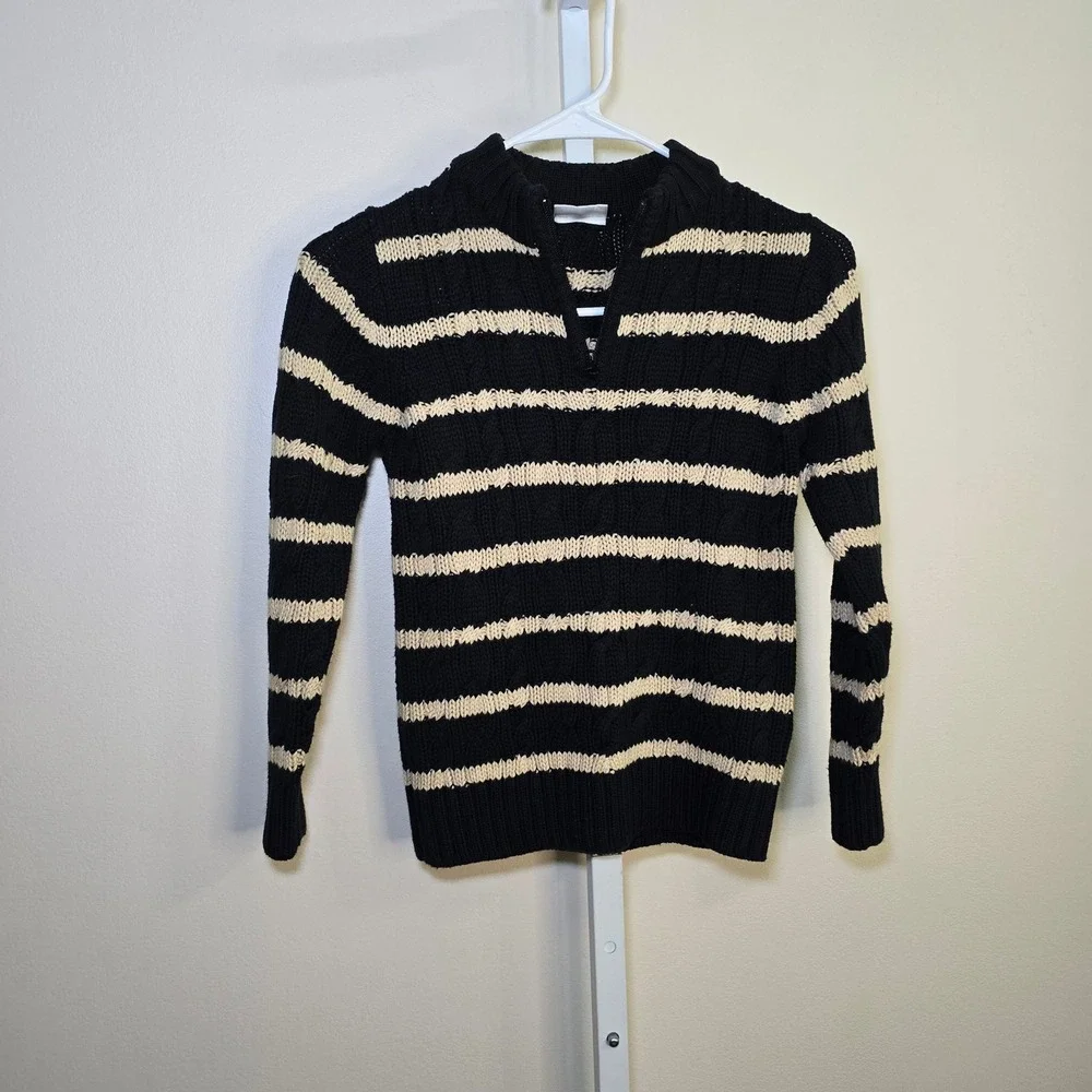 Hanna Andersson Boys Black Cream Striped Quarter Zip Sweater US sz 6-7 (120)